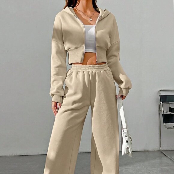 Tops - Khaki Casual Women's Zipper Front Hoodie And Pants Set